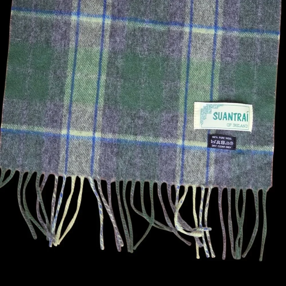 Suantrai of Ireland Scarf 100% Soft Wool Long Green Gray Tartan Plaid Unisex